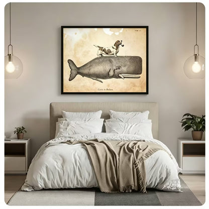 Quirky vintage dog riding whale framed wall art above bed in neutral bedroom with white linen bedding, taupe throw blanket, and globe pendant lights