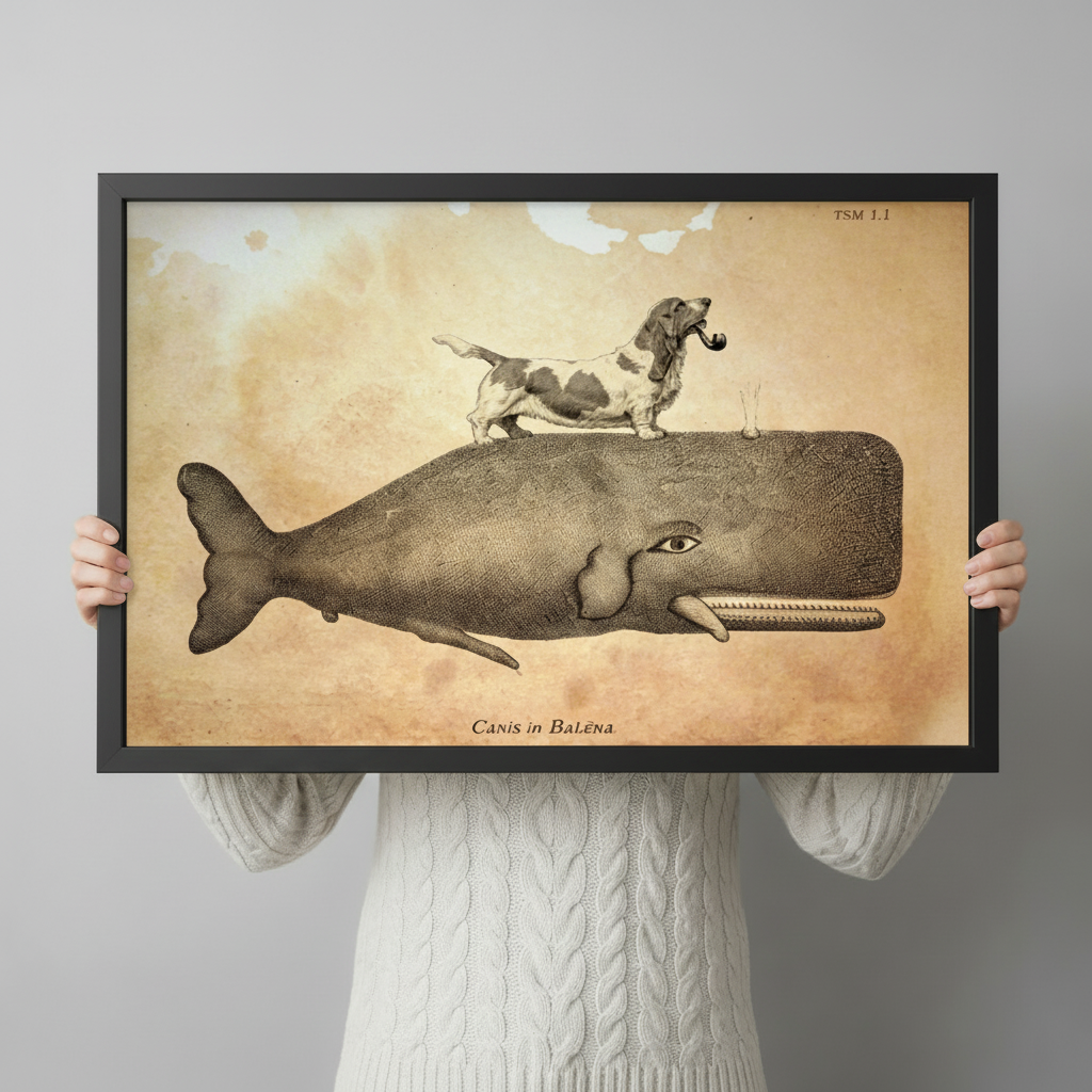 Whimsical pipe-smoking basset hound on sperm whale framed art print held up against a light gray background showing full artwork detail