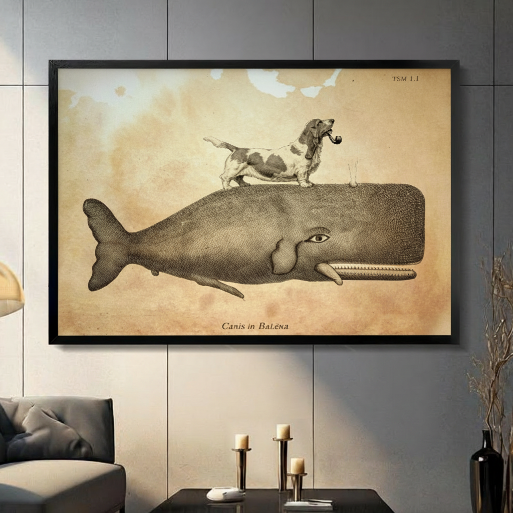 Vintage basset hound riding sperm whale framed wall art displayed in a modern living room with dark gray sofa and candlesticks