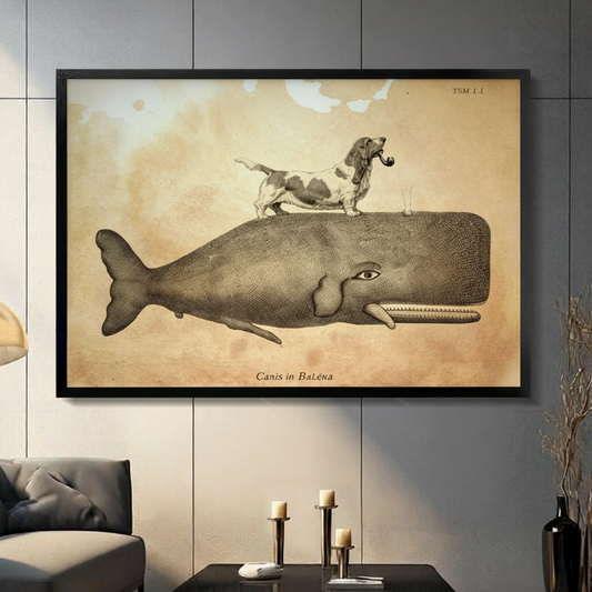 Vintage basset hound riding sperm whale framed wall art displayed in a modern living room with dark gray sofa and candlesticks