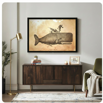 Canis in Balena antique illustration wall art in black frame above walnut sideboard in eclectic living room with gold floor lamp and olive green armchair