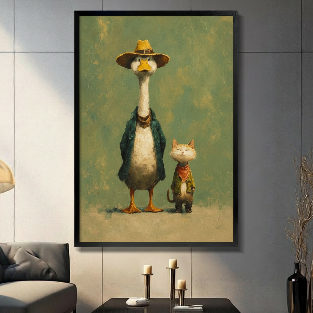 Vintage oil painting style wall art of a tall duck in cowboy hat and small cat in green jacket displayed in black frame on dark gray tiled wall