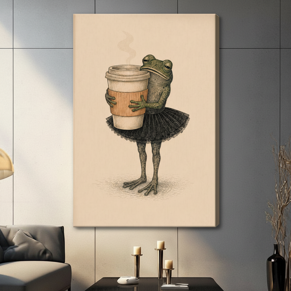 Retro pencil illustration green frog wearing black ballet skirt embracing giant takeaway coffee cup gallery wrap canvas art on warm beige background on a dark gray paneled wall above a charcoal sofa with candle holders and a black vase