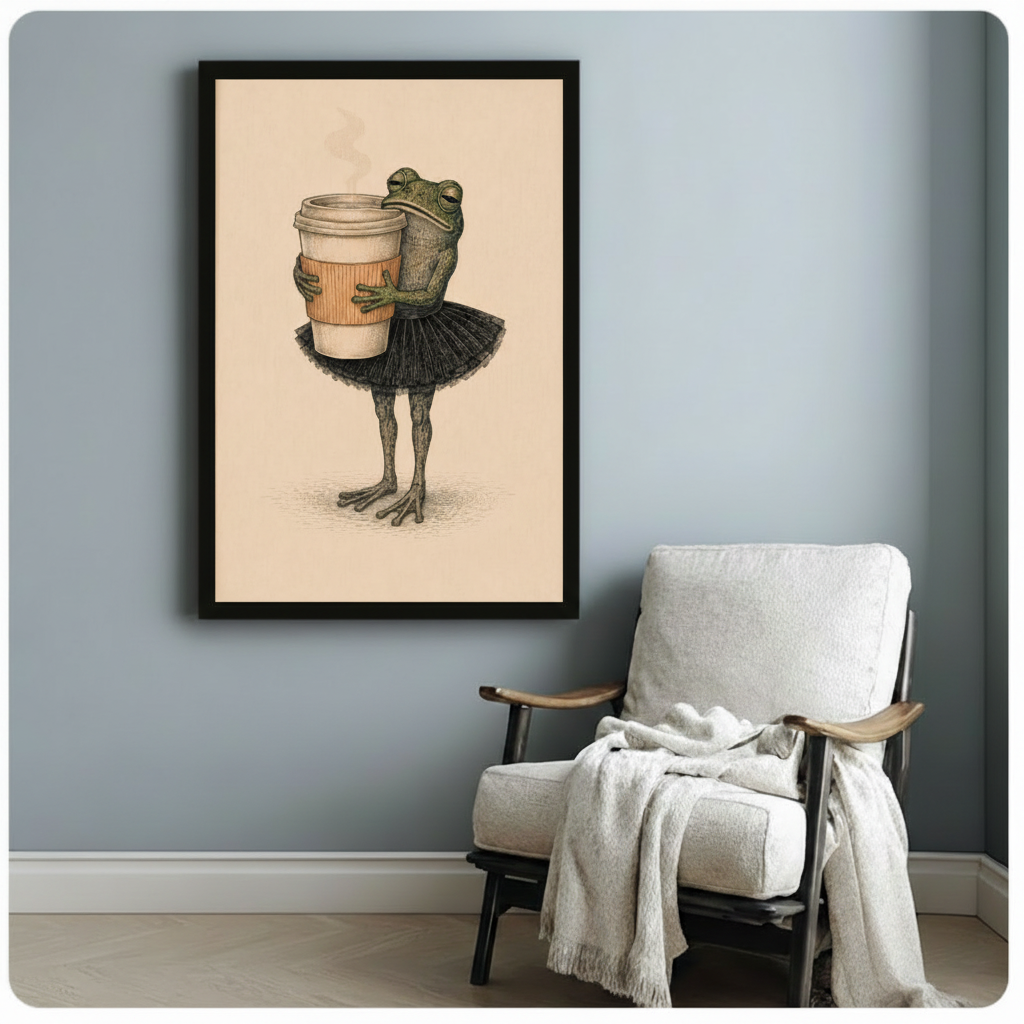 Black framed vintage illustration green frog in black tutu hugging oversized coffee cup canvas art on warm beige background on a soft blue-gray wall beside a white linen folding armchair with a cream throw blanket draped over the arm