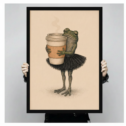 Person holding a black framed retro pencil illustration green frog in black ballet tutu hugging giant takeaway coffee cup art print on warm beige background against a light gray backdrop