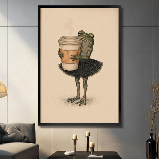 Vintage illustration style green frog in black ballet tutu hugging oversized takeaway coffee cup black framed canvas art on warm beige background on a dark gray paneled wall above a charcoal sofa with brass candle holders and a black decorative vase