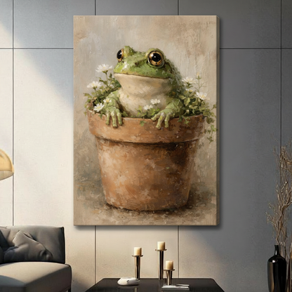 Retro oil painting style round green frog nestled in clay terracotta pot with white daisy flowers and big golden eyes gallery wrap canvas art on warm beige textured background on a blue-gray paneled wall above a charcoal sofa with candle holders