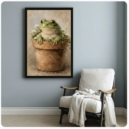Black framed vintage oil painting chubby green frog sitting in terracotta pot with white daisies canvas art on warm beige background on a soft blue-gray wall beside a white linen wood-frame folding armchair with a white throw blanket draped over the seat