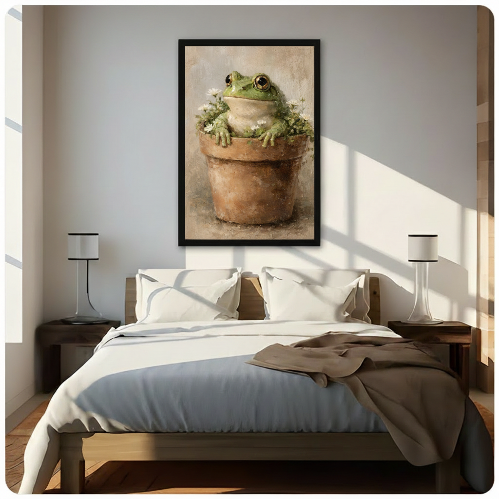 Black framed vintage oil painting chubby green frog in terracotta flower pot with white daisies canvas art on warm beige background above a bed with white linen bedding, a taupe throw blanket, dark wood nightstands, and white cylindrical table lamps in a sunlit modern bedroom