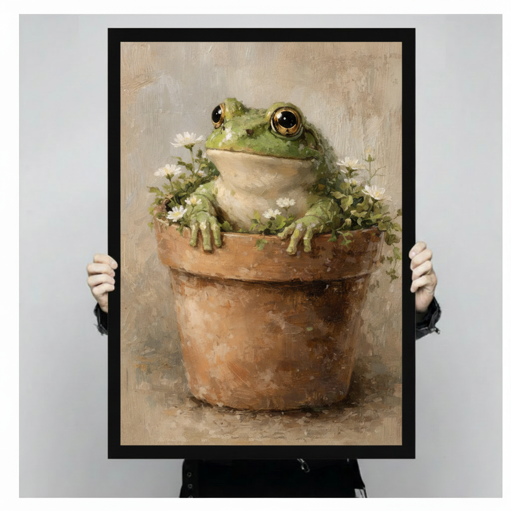 Person holding a black framed vintage oil painting round green frog sitting in clay flower pot with white daisy blooms and big golden eyes art print on warm beige background against a light gray backdrop