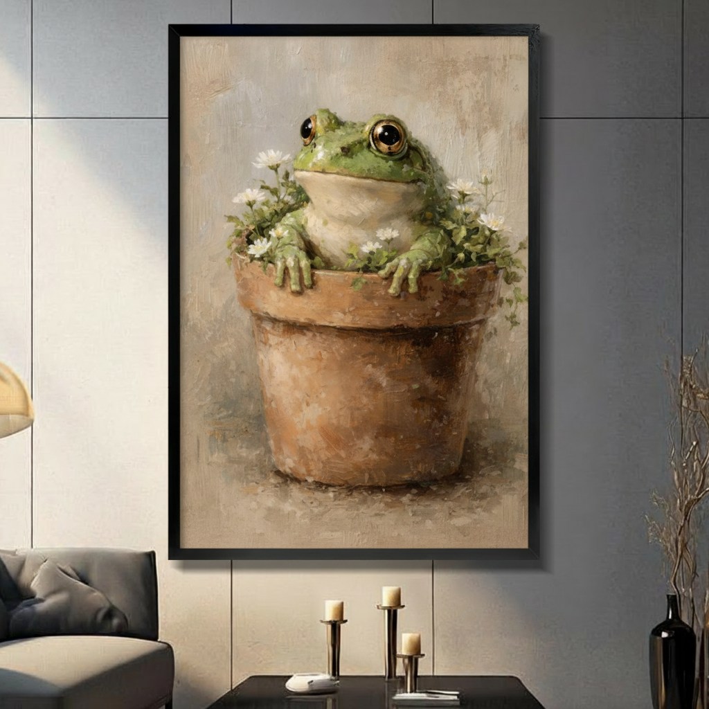 Gothic oil painting dark-haired woman in black lace dress gazing at black raven perched on ornate gold mantelpiece black framed canvas art on moody brown background on a blue-gray paneled wall above a charcoal sofa with brass candle holders and a black decorative vase