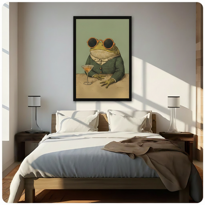 Vintage frog in green suit with martini glass framed wall art print above bed in bright minimalist bedroom