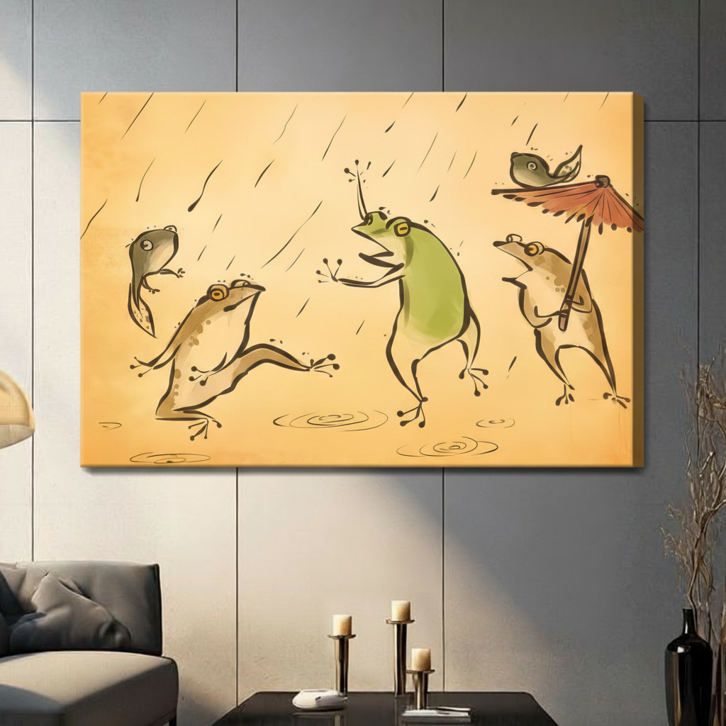Unframed stretched canvas print of four whimsical frogs dancing in the rain with expressive ink brush strokes a red paper parasol and a small fish in vintage amber wash illustration style on a dark grey wall