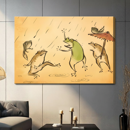 Unframed stretched canvas print of four whimsical frogs dancing in the rain with expressive ink brush strokes a red paper parasol and a small fish in vintage amber wash illustration style on a dark grey wall