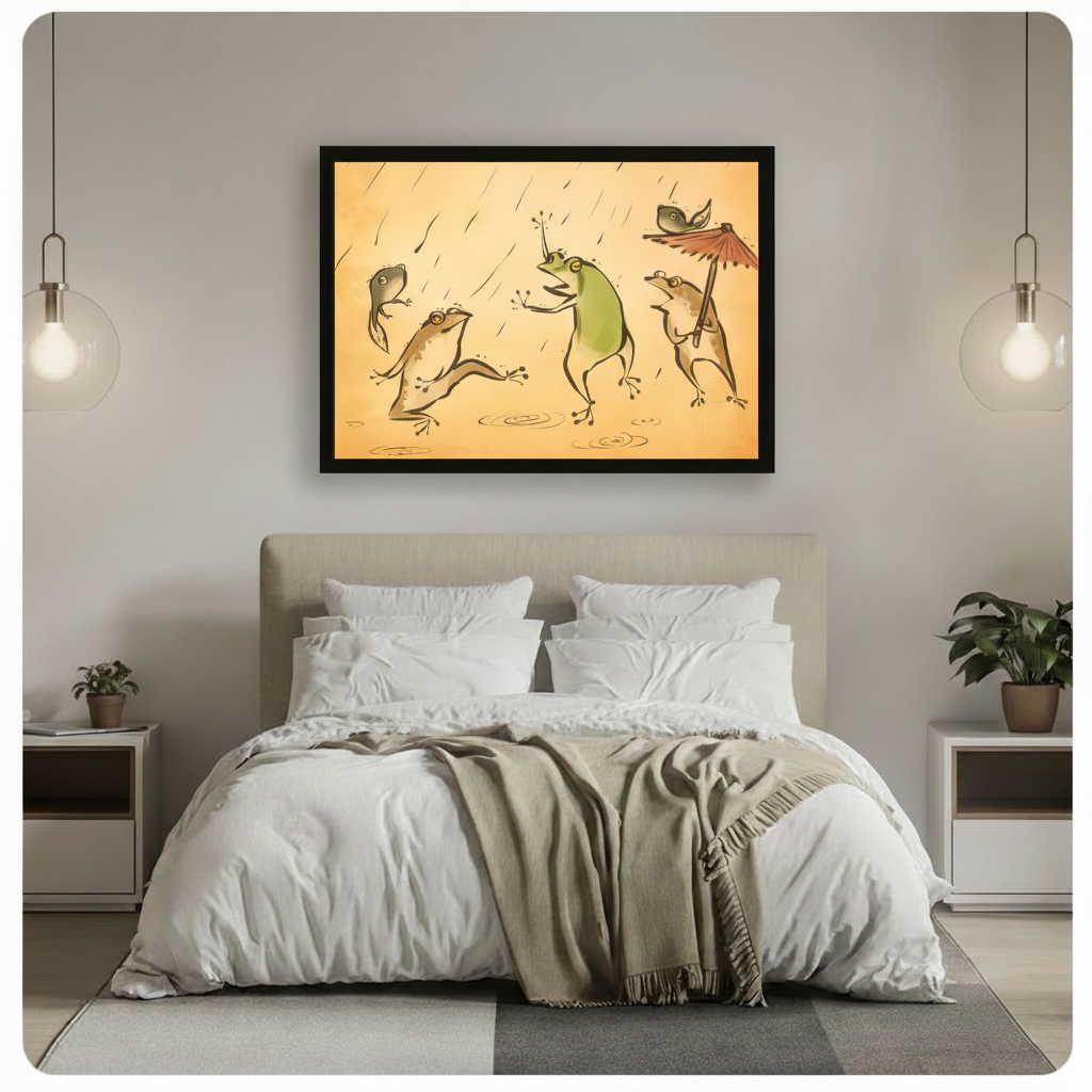 Framed vintage ink wash funny frog rain dance canvas wall art with four expressive jumping frogs and a red paper parasol on warm amber aged background hung above an upholstered bed with white bedding in a modern bedroom with pendant lights