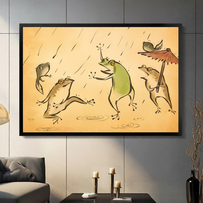 Framed vintage ink wash style funny frog rain dance canvas wall art with four playful frogs jumping and holding a red paper umbrella on an amber aged background displayed on a dark grey slate wall in a modern living room