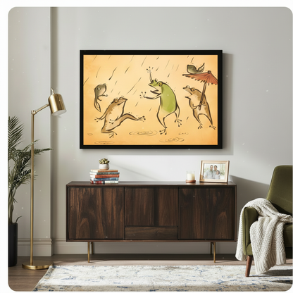 Black framed vintage ink brush style frog rain dance canvas art print with four playful frogs leaping in the rain holding a red paper umbrella on amber aged background above a dark walnut sideboard in an eclectic living room with gold floor lamp