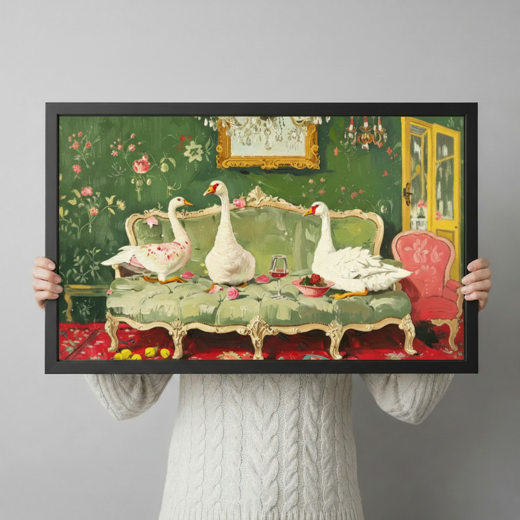 Funny white geese on ornate sofa canvas print held up against a light gray background showing artwork detail