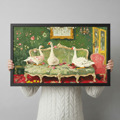 Funny white geese on ornate sofa canvas print held up against a light gray background showing artwork detail