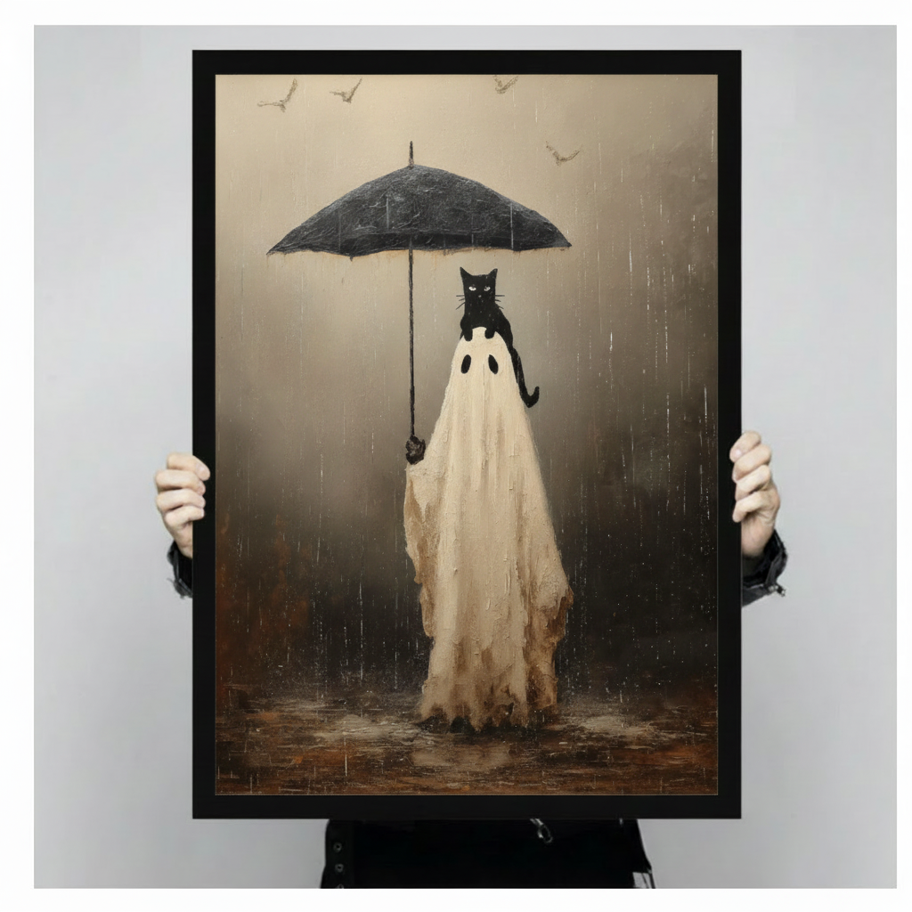 Hands holding black framed ghost cat umbrella canvas print against plain grey wall