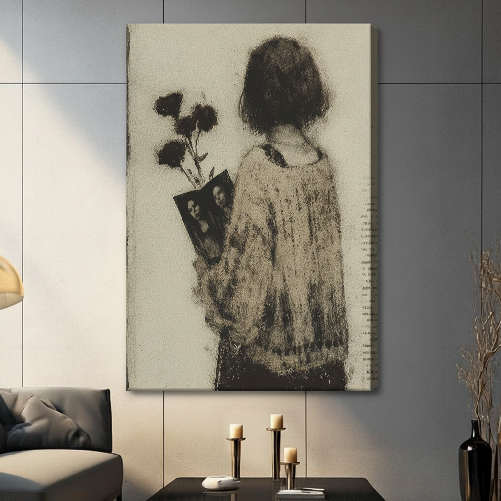 Frameless canvas wrap of woman with black roses and vintage photo – sepia tone wall art for modern living room