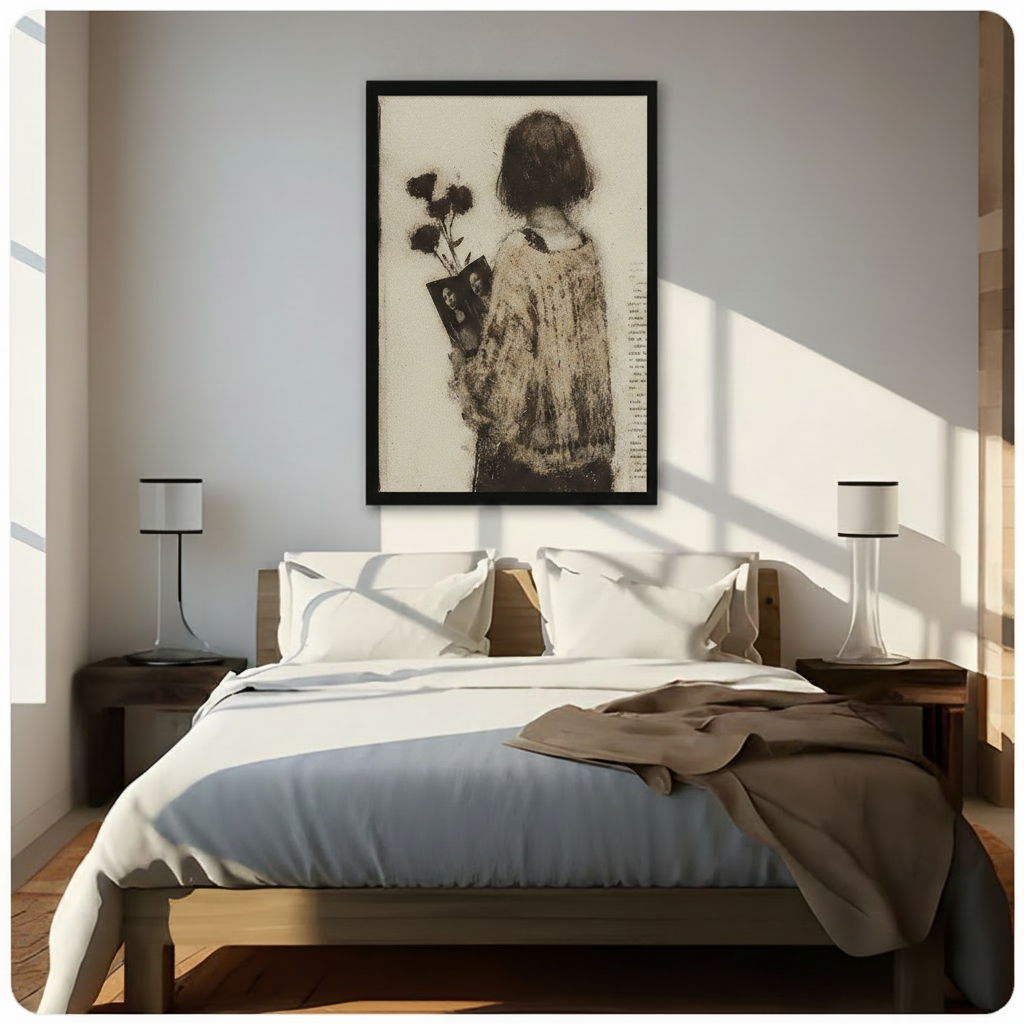 Vintage sketch of girl with dark roses framed print above bed in sunlit minimalist bedroom – romantic wall art