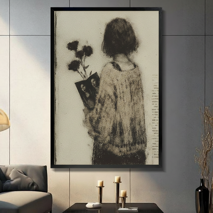 Vintage sketch of girl holding black roses and old photograph – black framed wall art on dark grey wall – moody living room décor