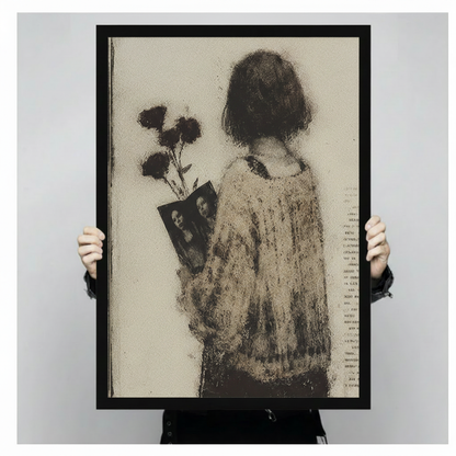 Hand-held black frame showing vintage girl with black roses and old photo – sepia art print size reference