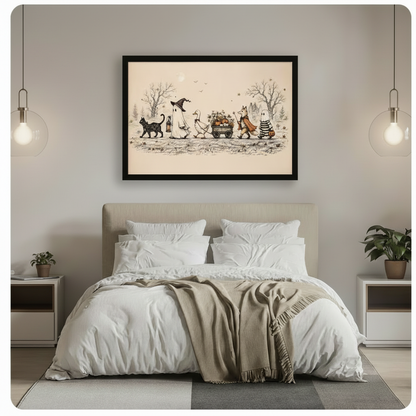 Black framed horizontal Halloween canvas wall art of a whimsical ghost and animal parade with pumpkins and lantern, hung above a bed with white linen bedding, a taupe throw blanket, white nightstands, potted plants, and globe pendant lights in a bright modern bedroom