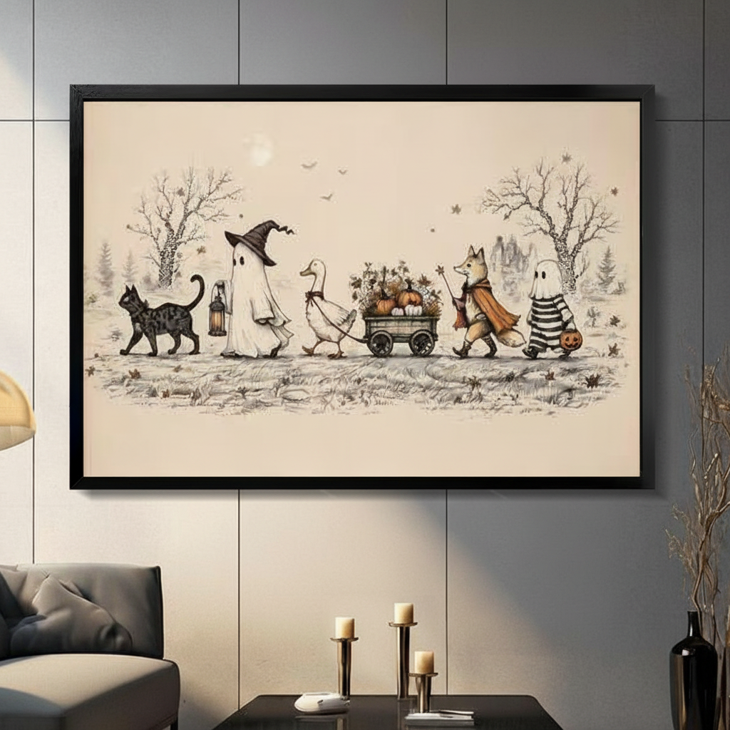Vintage-style Halloween parade canvas wall art featuring a black cat, witch ghost with lantern, goose pulling a pumpkin cart, fox in orange cape and striped ghost, black framed horizontal print above a dark gray sofa with candle holders in a modern living room
