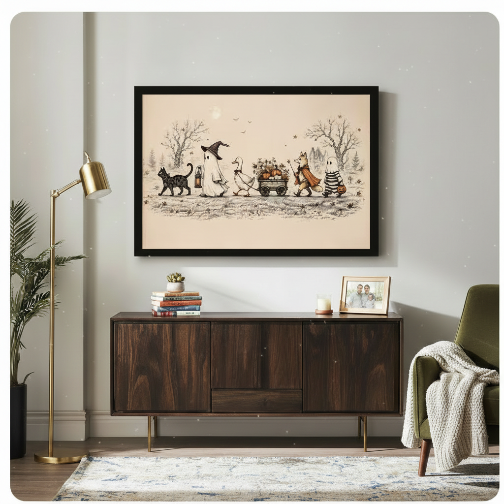 Vintage Halloween parade canvas print with black cat, witch ghost, fox in cape and pumpkin cart in antique sketch style, black framed horizontal wall art above a dark walnut sideboard with gold floor lamp, stacked books and potted plants in a modern living room