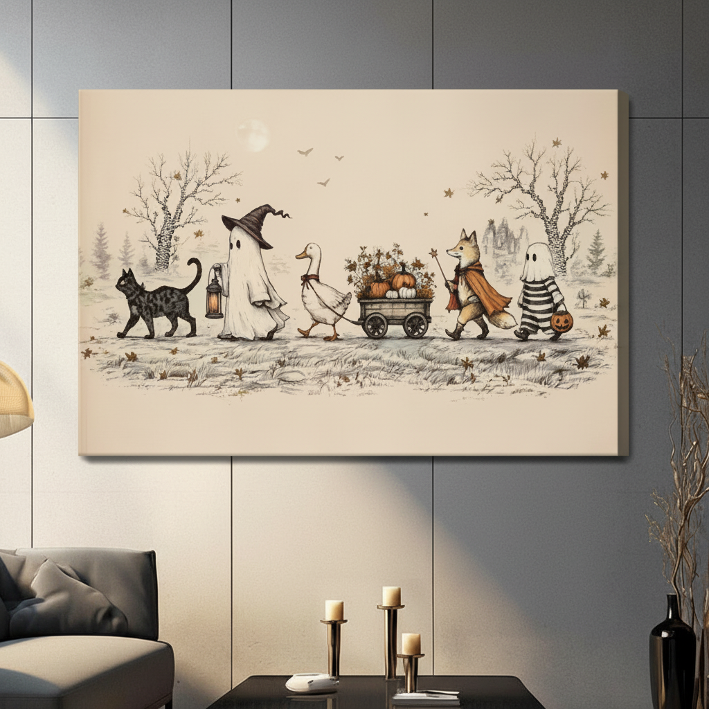 Gallery wrap stretched canvas of a whimsical Halloween animal parade with ghost, fox, black cat and pumpkin wagon in antique illustration style, warm beige background, displayed above a console table in a contemporary living room
