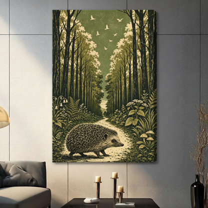 Retro woodblock print style nature illustration of a spiky hedgehog strolling down a narrow woodland trail lined with towering dark trees dense fern undergrowth bluebell flowers and small mushrooms with soaring white birds in a muted olive green and cream forest canopy stretched canvas wall art print hanging in a contemporary living room with dark gray tiled wall