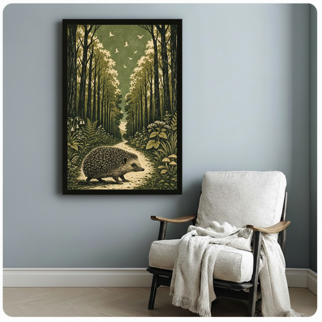 Antique woodcut engraving style art print of a hedgehog ambling along a dappled forest path with symmetrical tall tree trunks lush green ferns wild white flowers small toadstools and a flock of white birds in the olive-toned leafy canopy above framed art poster displayed beside a white fabric lounge chair with draped throw blanket against a soft blue-gray wall