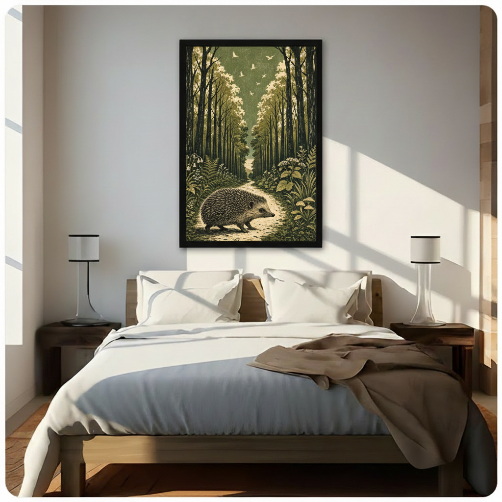 Charming vintage woodblock print style nature illustration of a hedgehog exploring a serene forest trail with tall dark tree columns dense green ferns bluebell wildflowers small mushrooms and white birds soaring above the muted olive and cream tree canopy framed wall art print hanging above a modern bedroom bed with white linen bedding, dark wood nightstands, and minimalist white table lamps