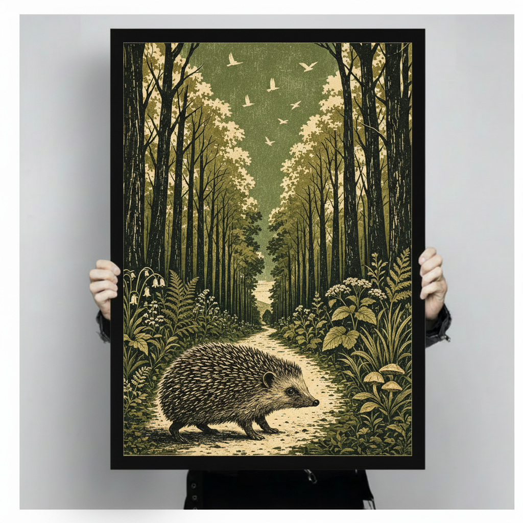 Classic vintage woodcut illustration of a detailed hedgehog walking on a winding dirt forest path surrounded by tall straight tree trunks lush fern fronds bluebells wild herbs mushrooms and white birds flying through an olive green and cream woodland canopy framed wall art print held up for size reference against a light gray neutral background