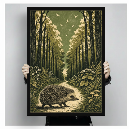 Classic vintage woodcut illustration of a detailed hedgehog walking on a winding dirt forest path surrounded by tall straight tree trunks lush fern fronds bluebells wild herbs mushrooms and white birds flying through an olive green and cream woodland canopy framed wall art print held up for size reference against a light gray neutral background