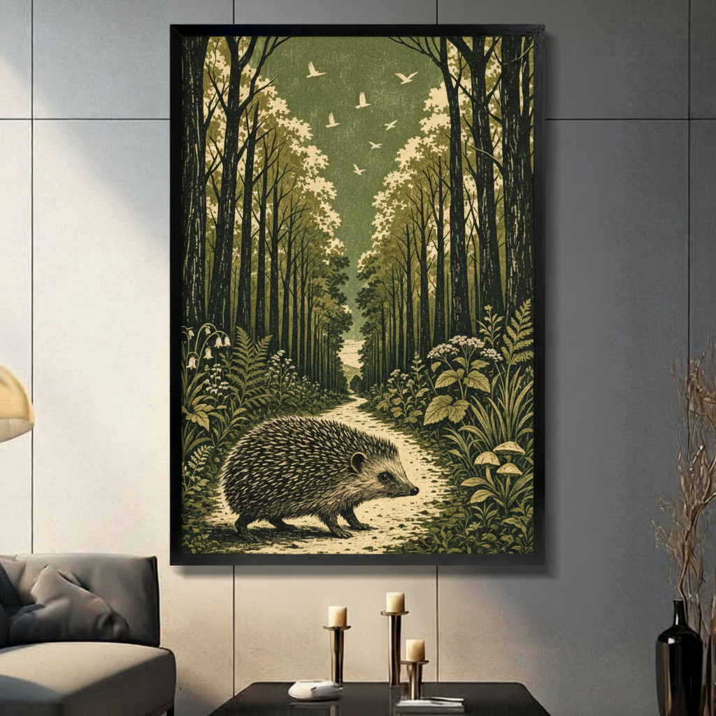 Vintage woodcut style illustration of a hedgehog walking along a winding forest path flanked by tall dark tree trunks with lush ferns bluebells wild flowers and mushrooms with white birds flying above the olive green tree canopy on aged cream background framed wall art print displayed in a living room with dark gray sofa, pillar candle holders, and black decorative vase