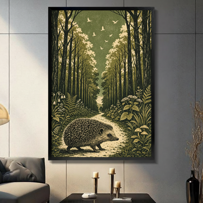 Vintage woodcut style illustration of a hedgehog walking along a winding forest path flanked by tall dark tree trunks with lush ferns bluebells wild flowers and mushrooms with white birds flying above the olive green tree canopy on aged cream background framed wall art print displayed in a living room with dark gray sofa, pillar candle holders, and black decorative vase