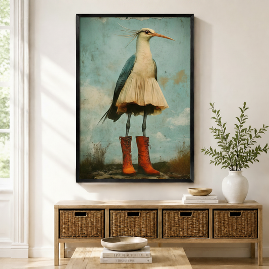 Vintage-style framed wall art print of a great blue heron wearing a cream ruffled skirt and red lace-up boots, displayed above a rattan console in a bright Scandinavian entryway with natural light
