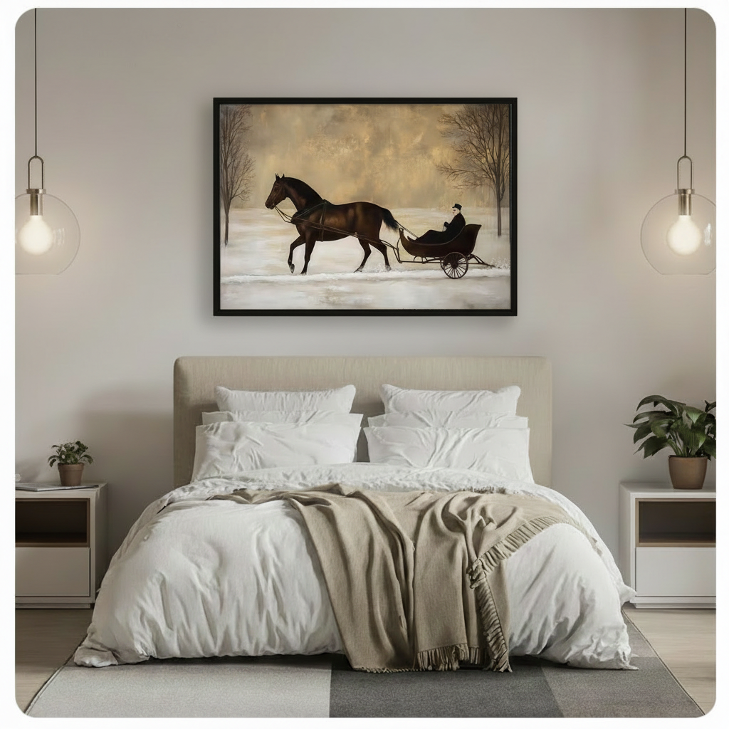 Vintage horse and sleigh oil painting canvas wall art in black frame displayed above bed as elegant bedroom focal point in modern neutral bedroom with pendant lights