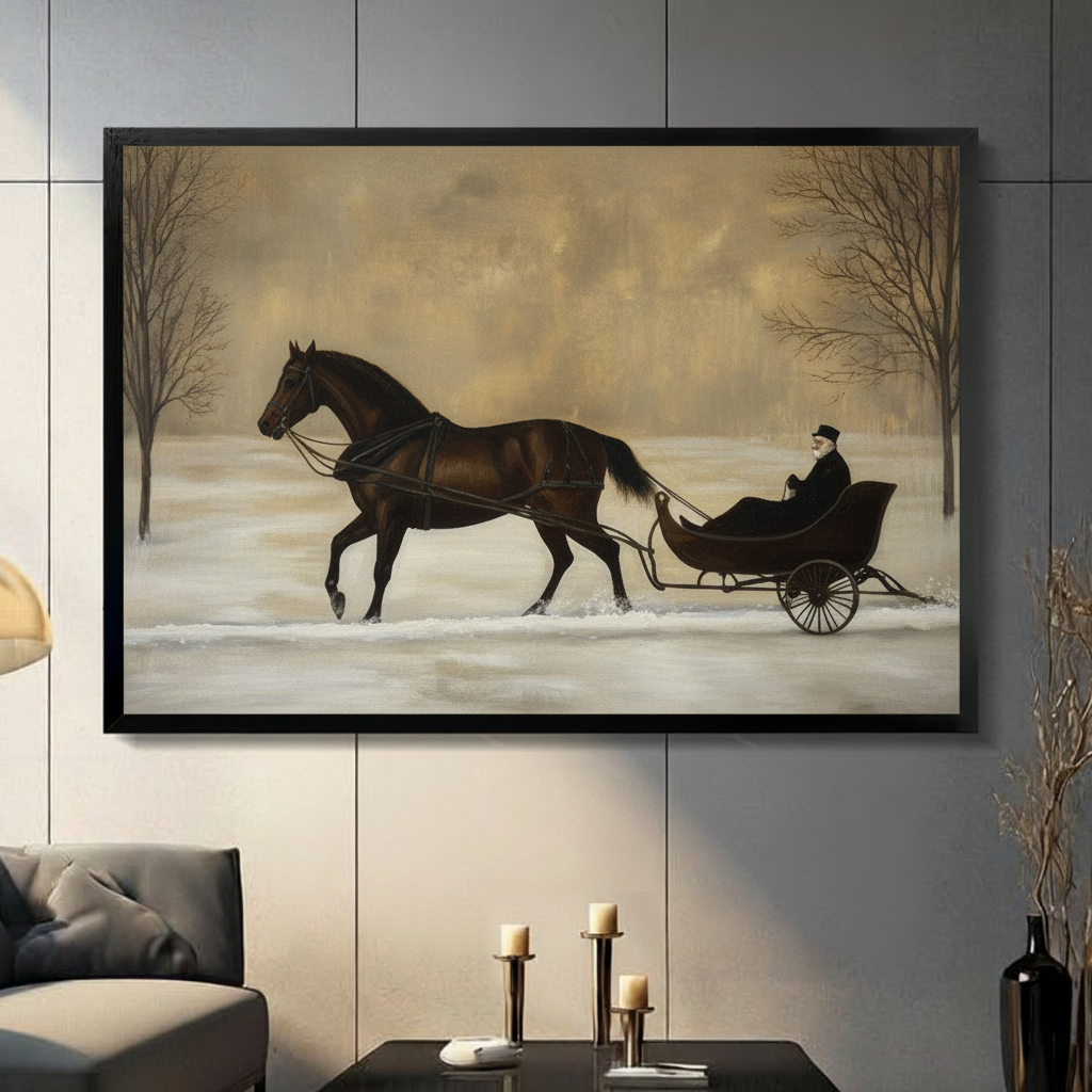 Vintage horse-drawn sleigh oil painting framed canvas wall art with black wood frame displayed in modern living room with gray panel wall and candlesticks