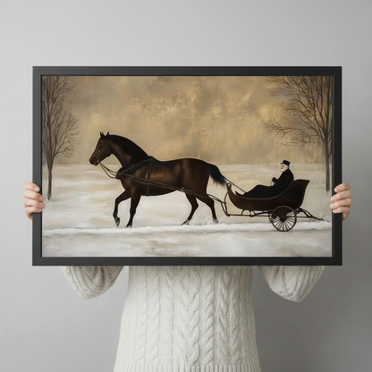 Hand-held preview of vintage horse-drawn sleigh canvas art in black frame showing full winter landscape painting with dark brown horse and antique carriage detail