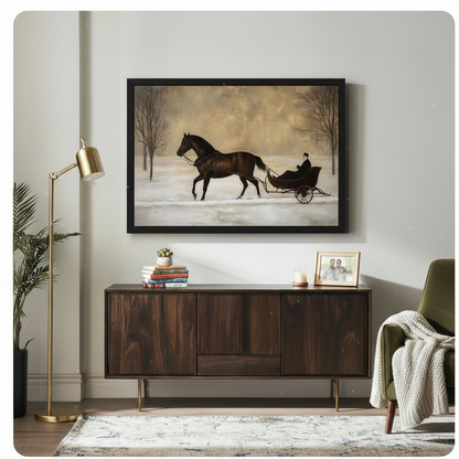 Framed vintage horse-drawn sleigh winter painting canvas art hung above dark walnut sideboard in modern living room with brass floor lamp and green velvet chair