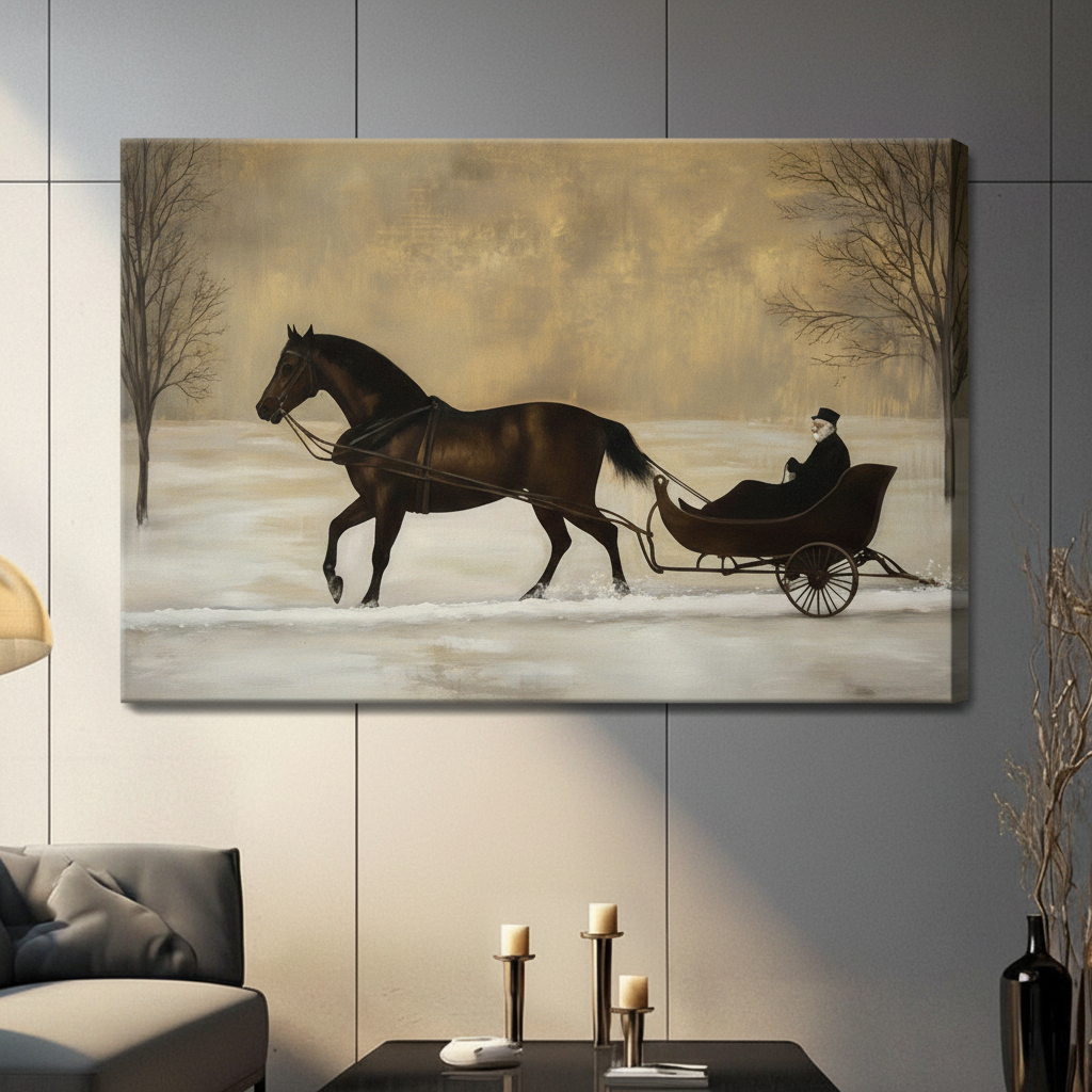 Gallery-wrapped stretched canvas of vintage horse pulling sleigh through winter snow scene with warm sepia tones hung on gray panel wall in living room