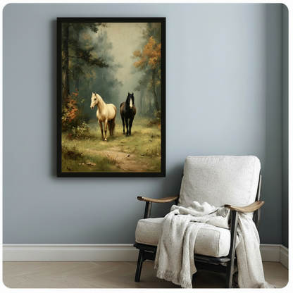 Framed vintage horse painting canvas print featuring a white and dark horse on a forest path, hanging on a light blue-gray wall beside a white linen armchair with a draped cream throw