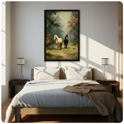 Vintage forest horses framed wall art above a modern bed with white linen bedding, dark wooden nightstands, white table lamps, and warm natural light streaming through side windows