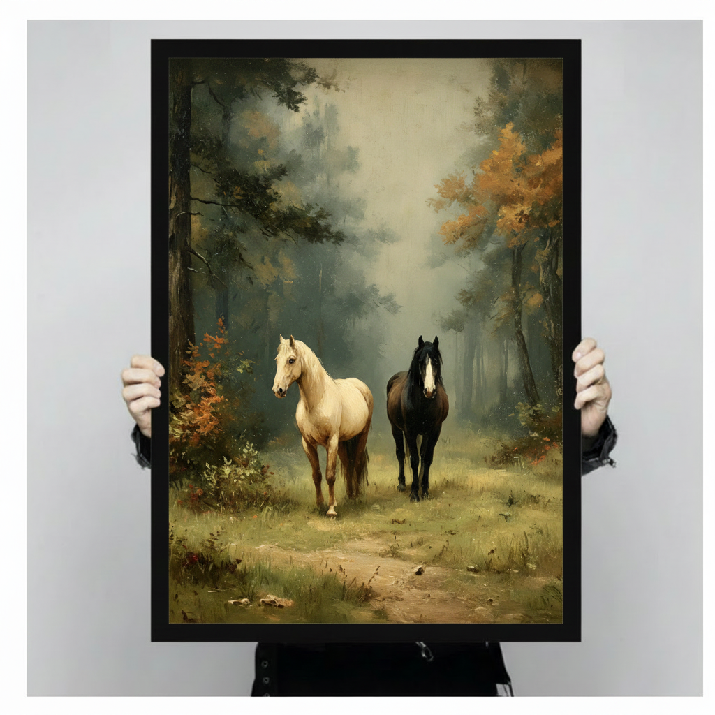 Two horses in an autumn woodland oil painting framed canvas art held up against a light gray background, showcasing warm golden foliage and misty forest depth