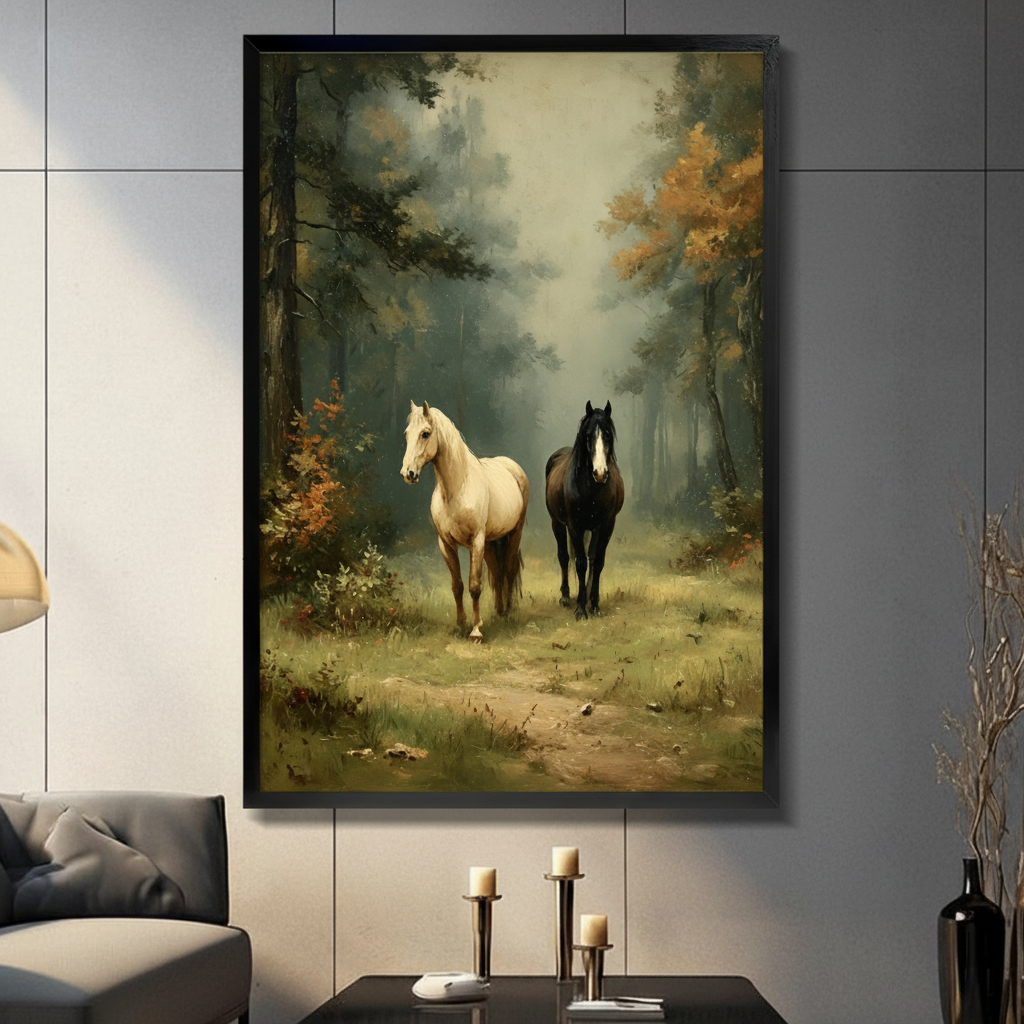 Vintage oil painting of white and black horses in an autumn forest, framed canvas wall art displayed in a modern living room with gray tile walls, candle holders, and a dark gray sofa