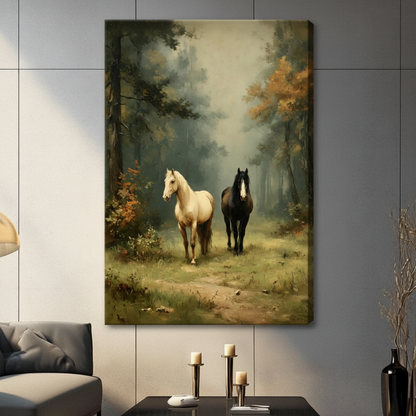 Gallery-wrapped canvas art of two horses walking through a misty autumn forest, oil painting style in warm earth tones, hung unframed on a gray tile wall in a contemporary living room
